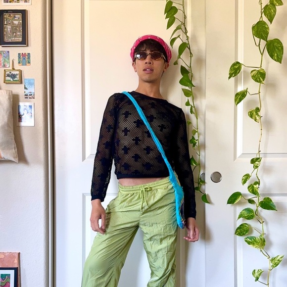 Black Mesh Rave Top With Cross Symbols - Picture 2 of 4